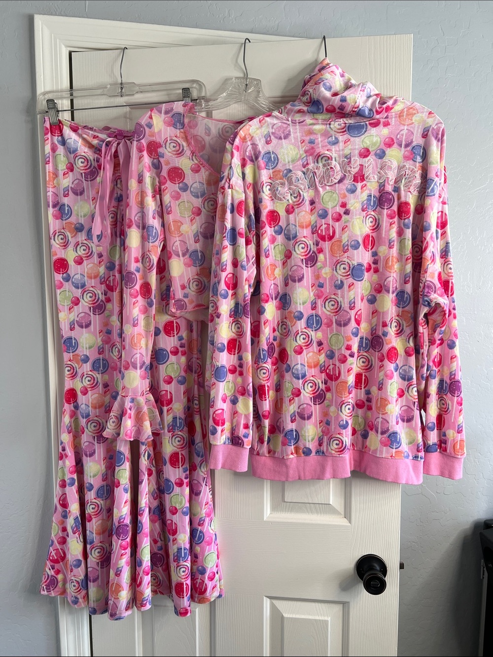 DOLLS KILL X CANDYLAND lollipop velour 3 piece set flare pants hoodie mesh top S